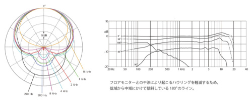 フロアモニターとの干渉により起こるハウリングを軽減するため、低域から中域にかけて傾斜している180°のライン。